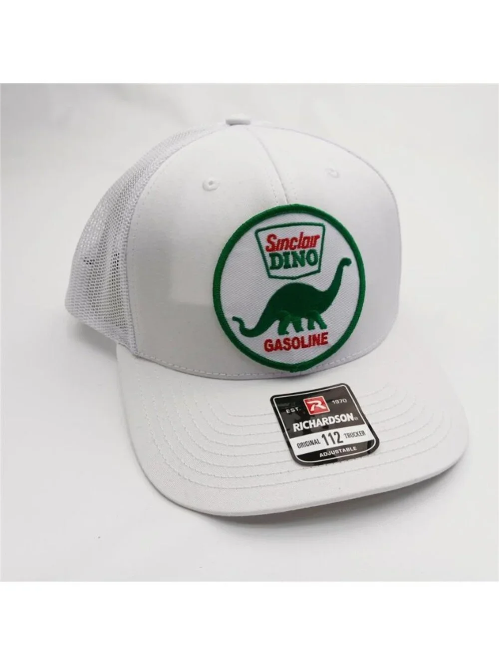 Retro Sinclair Dino Gas Embroidered Patch Trucker Hat White Richardson 112 80s